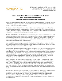 Million-Dollar Nickel Reunion at ANA Show in Baltimore Four 1913 Liberty Head Nickels to Make First Joint Appearance in 60 Years