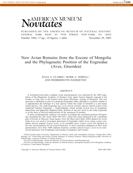 New Avian Remains from the Eocene of Mongolia and the Phylogenetic Position of the Eogruidae (Aves, Gruoidea)