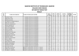 Nagpur Institute of Technology, Nagpur College Code En4144 Nit Mhtcet Mock Test Result Total Sr