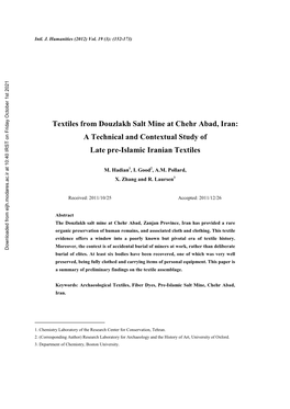 Textiles from Douzlakh Salt Mine at Chehr Abad, Iran: a Technical and Contextual Study of Late Pre-Islamic Iranian Textiles