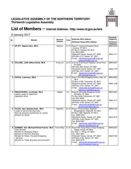 LEGISLATIVE ASSEMBLY of the NORTHERN TERRITORY Thirteenth Legislative Assembly