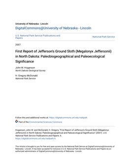 Megalonyx Jeffersonii) in North Dakota: Paleobiogeographical and Paleoecological Significance