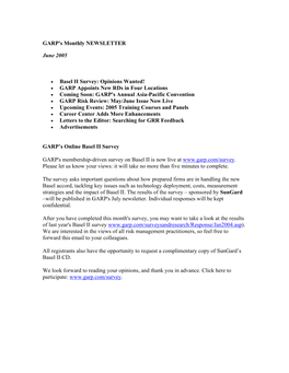 GARP's Monthly NEWSLETTER June 2005 • Basel II Survey