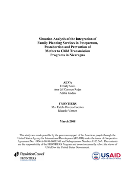 Situation Analysis of the Integration of Family Planning Services in Postpartum, Postabortion and Prevention of Mother to Child Transmission Programs in Nicaragua