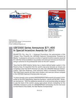 USF2000 Series Announces $71400 in Special Incentive Awards For