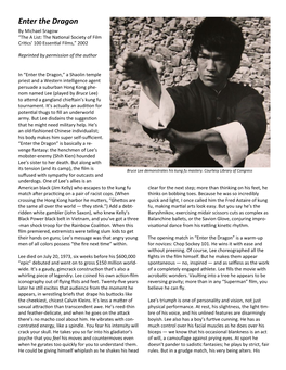 Enter the Dragon by Michael Sragow “The a List: the National Society of Film Critics’ 100 Essential Films,” 2002