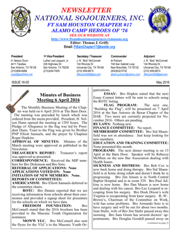 Newsletter National Sojourners, Inc. Ft Sam Houston Chapter #17 Alamo Camp Heroes Of