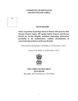 COMMITTEE O (SIXTEENTH Notice of Question of Privil Shyama Charan