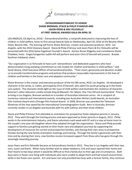 Extraordinaryfamilies to Honor Shane Brennan, Stacie & Philip D’Amour and Jason Peers & Eric Pelovello at First Annual Awards Gala on April 20