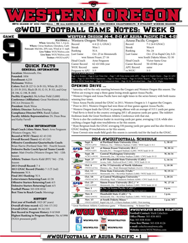 @WOU Football Game Notes: Week 9 Game Western Oregon (4-4, 2-1) at Azusa Pacific (7-1, 4-0) at a Glance