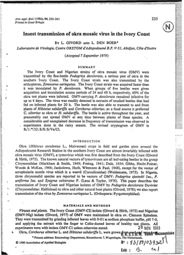 Insect Transmission of Okra Mosaic Virus in Ivory Coast