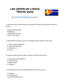 Led Zeppelin Lyrics Trivia Quiz