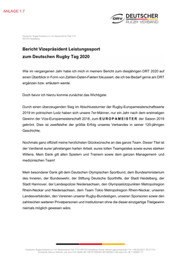 Bericht Vizepräsident Leistungssport Zum Deutschen Rugby Tag 2020