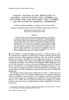 Genetic Analysis of Dna Replication in Bacteria: Dnab Mutations That Suppress Dnac Mutations and Dnaq Mutations That Suppress Dnae Mutations in Salmonella Uphzmurzum