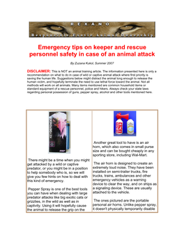 Emergency Tips on Keeper and Rescue Personnel Safety in Case of an Animal Attack