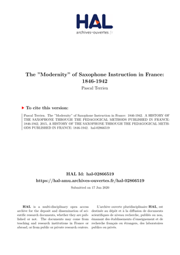 Of Saxophone Instruction in France: 1846-1942 Pascal Terrien