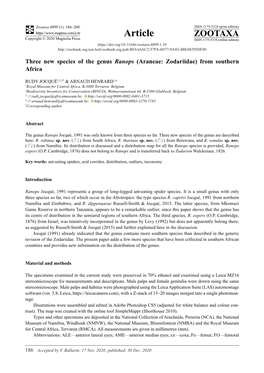 Three New Species of the Genus Ranops (Araneae: Zodariidae) from Southern Africa