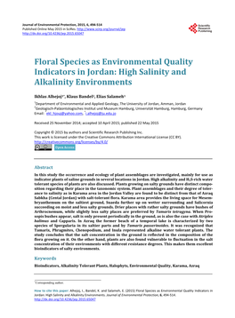 Floral Species As Environmental Quality Indicators in Jordan: High Salinity and Alkalinity Environments