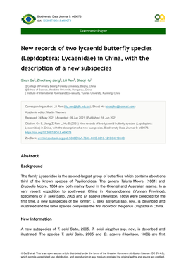 Lepidoptera: Lycaenidae) in China, with the Description of a New Subspecies