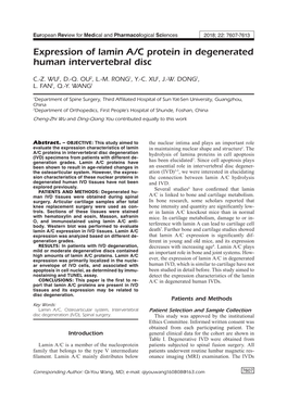 Expression of Lamin A/C Protein in Degenerated Human Intervertebral Disc