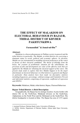 The Effect of Malakism on Electoral Behaviour in Bajaur, Tribal District of Khyber Pakhtunkhwa