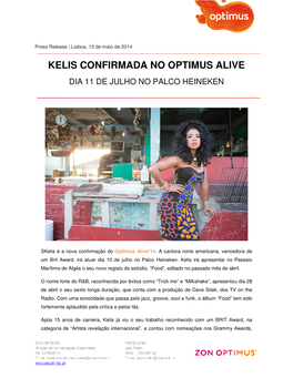 Kelis Confirmada No Optimus Alive Dia 11 De Julho No Palco Heineken