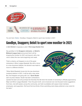 Goodbye, Snappers; Beloit to Sport New Moniker in 2021 Goodbye, Snappers; Beloit to Sport New Moniker in 2021