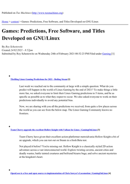 Games: Predictions, Free Software, and Titles Developed on GNU/Linux