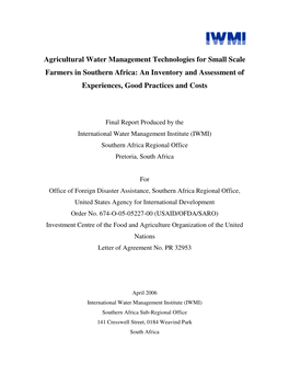 Agricultural Water Management Technologies for Small Scale Farmers in Southern Africa: an Inventory and Assessment of Experiences, Good Practices and Costs