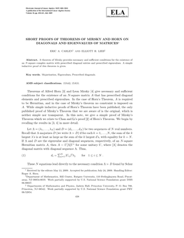 And Leon Mirsky [4] Give Necessary and Suﬃcient Conditions for the Existence of an N-Square Matrix a That Has Prescribed Diagonal Elements and Prescribed Eigenvalues