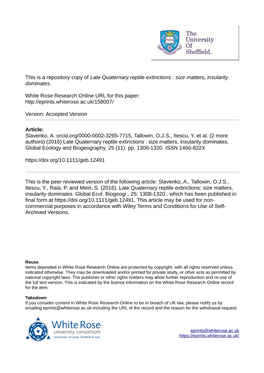 Late Quaternary Reptile Extinctions : Size Matters, Insularity Dominates