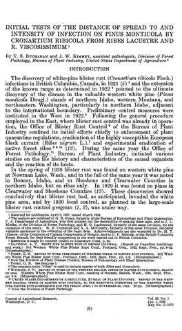 Initial Tests of the Distance of Spread to and Intensity of Infection on Pinus Montícola by Cronartium Ribicola from Ribes Lacustre and R