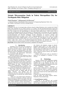 Seismic Microzonation Study in Tabriz Metropolitan City for Earthquake Risk Mitigation