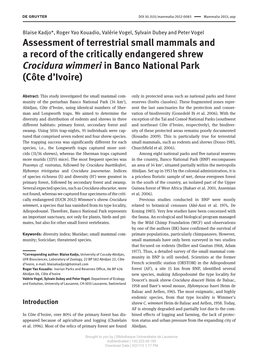 Assessment of Terrestrial Small Mammals and a Record of the Critically Endangered Shrew Crocidura Wimmeri in Banco National Park (Cô Te D’ Ivoire)