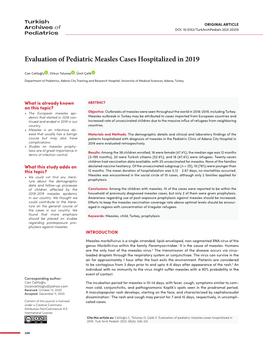 Evaluation of Pediatric Measles Cases Hospitalized in 2019