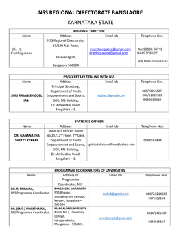 Nss Regional Directorate Banglaore Karnataka State