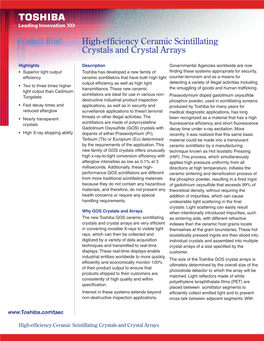 Product Brief High-Efficiency Ceramic Scintillating Crystals and Crystal Arrays