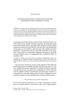 MULTIPLE REALIZATION, COMPUTATION and the TAXONOMY of PSYCHOLOGICAL STATES Two Decades Ago, Hilary Putnam and Jerry Fodor Introd