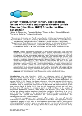 Length-Weight, Length-Length, and Condition Factors of Critically Endangered Riverine Catfish Rita Rita (Hamilton, 1822) from Surma River, Bangladesh 1Sabuj K