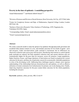 Poverty in the Time of Epidemic: a Modelling Perspective Anand Sahasranaman1,2,* and Henrik Jeldtoft Jensen2,3