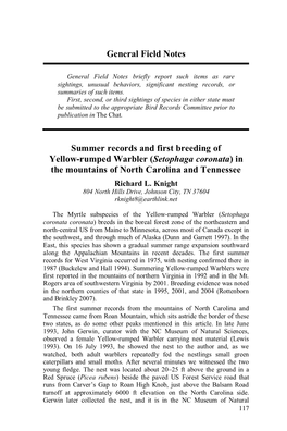 Summer Records and First Breeding of Yellow-Rumped Warbler (Setophaga Coronata) in the Mountains of North Carolina and Tennessee Richard L