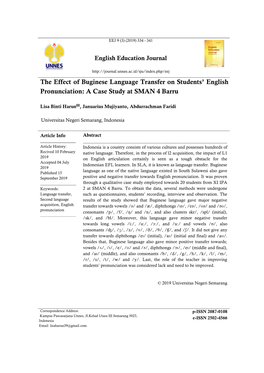 The Effect of Buginese Language Transfer on Students’ English Pronunciation: a Case Study at SMAN 4 Barru