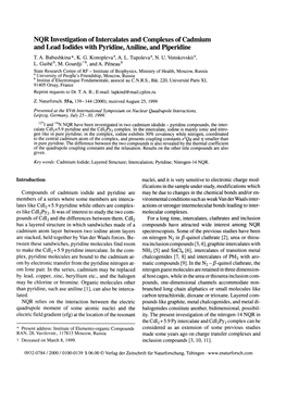 NQR Investigation of Intercalates and Complexes of Cadmium and Lead Iodides with Pyridine, Aniline, and Piperidine T