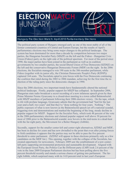 Hungary Pre-Election Watch: April 2010 Parliamentary Elections