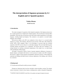 The Interpretation of Japanese Pronouns by L1 English and L1 Spanish Speakers