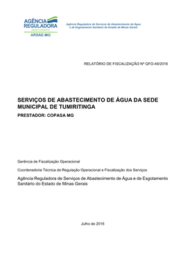 Serviços De Abastecimento De Água Da Sede Municipal De Tumiritinga Prestador: Copasa Mg