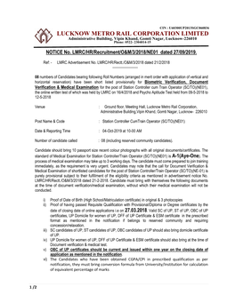 LUCKNOW METRO RAIL CORPORATION LIMITED Administrative Building, Vipin Khand, Gomti Nagar, Lucknow-226010 Phone: 0522- 2304014-15