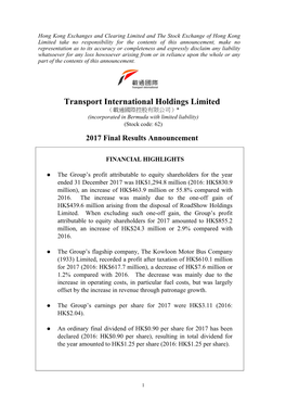 Transport International Holdings Limited （載通國際控股有限公司）* (Incorporated in Bermuda with Limited Liability) (Stock Code: 62)