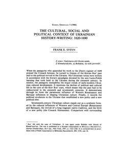 The Cultural, Social and Political Context of Ukrainian History-Writing: 1620-1690