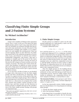 Classifying Finite Simple Groups and 2-Fusion Systems* by Michael Aschbacher†